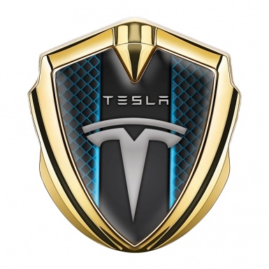 Tesla 3D Car Metal Emblem Gold Blue Grid Straight Line Design