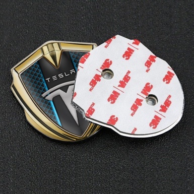 Tesla 3D Car Metal Emblem Gold Blue Grid Straight Line Design