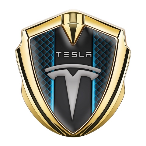 Tesla 3D Car Metal Emblem Gold Blue Grid Straight Line Design