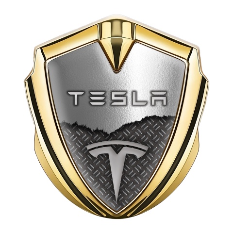 Tesla 3D Car Metal Emblem Gold Half Metal Mesh Edition