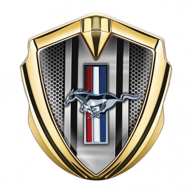 Ford Mustang 3D Car Metal Emblem Gold Metal Stripe Grey Mesh