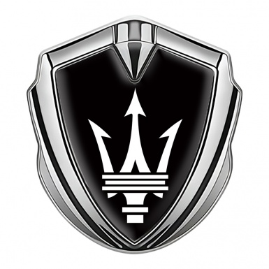 Maserati Trunk Metal Emblem Silver Black Base Classic Trident Logo
