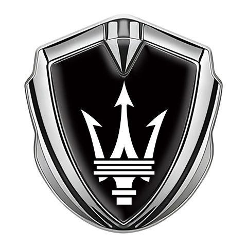 Maserati Trunk Metal Emblem Silver Black Base Classic Trident Logo