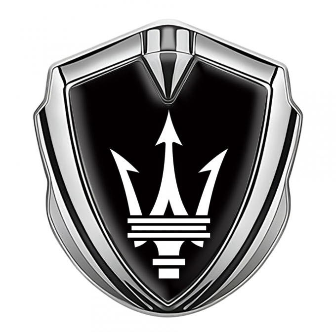 Maserati Trunk Metal Emblem Silver Black Base Classic Trident Logo