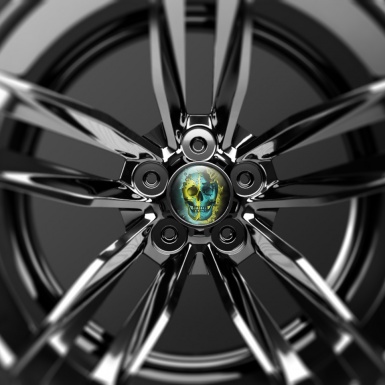 Skull Wheel Center Cap Domed Stickers  Two-Tone Front In Yellow And Blue 
