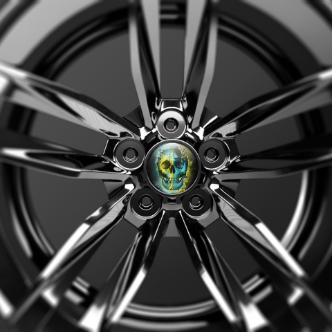 Skull Wheel Center Cap Domed Stickers  Two-Tone Front In Yellow And Blue 
