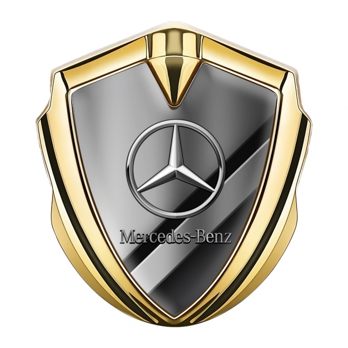 Mercedes Benz Fender Metal Domed Emblem Gold Sport Stripe Chrome Logo